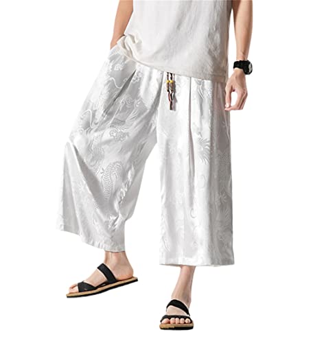 Pantalon japonais large pour homme en soie glacée blanche taille 3XL