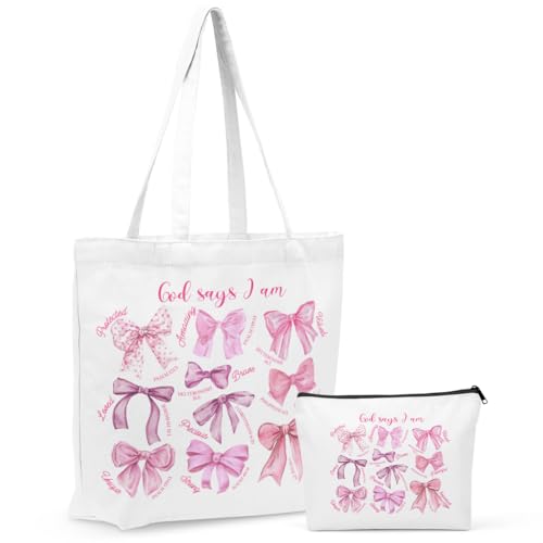 Christian Gifts for Women, Girls Preppy Bow Canvas Tote Bag Makeup Bag Set, Inspirational Bible Verse Religious Gifts Birthday Friendship Graduation Reusable Grocery Bags Travel Cosmetic Bags