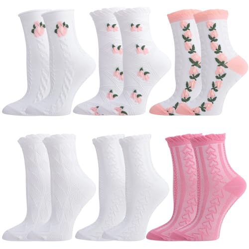 Jspupifip 6 Pairs Lace Ruffle Crew Socks for Women, Cotton Cute Princess Ankle Dress Lace Socks for Women Girls, white pink tulip