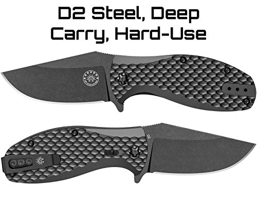 Off-Grid Knives - Badger Edc Knife - Cryo D2 Steel, Grippy G10 Scales, Saftey Grid-Lock, Built For Outdoor Hard-Use, Ceramic Ball Bearings, Deep Pocket Clip For Left Or Right Carry (Blackwash) #TOP2