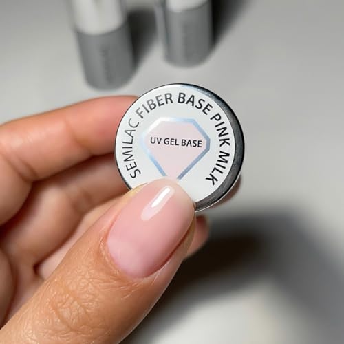 Semilac Lakier do paznokci UV Fiber Base Pink Milk 7 ml – baza montażowa i przedłużająca z włóknami nylonowymi, mleczno-różowa baza żelowa UV, samopoziomujący