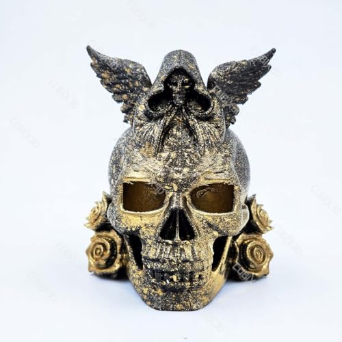 Image of Gothic Skull Showpiece with Angel & Roses | 3D Printed Golden Black Figurine | Halloween Decoration, Horror Collectible & Gothic Home Decor - 11 cm