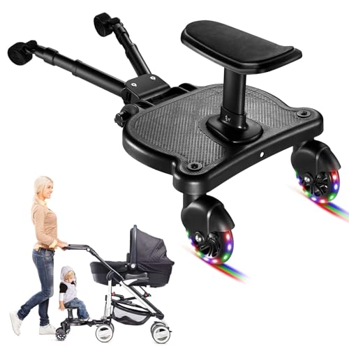 Universal Stroller Board, with 2 LED Lighted Wheels and Replaceable Seat, 2 in 1 Sit and Stand Stroller Board, Stroller Attachment for Toddler to Ride, Suitable for Most Strollers