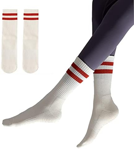 JCZANXI Yoga Socks with Grips for Women, Non Slip Grip Socks for Yoga, Pilates, Barre, Dance, Ballet | Ideal Cushioned Crew Socks (Stripe White)