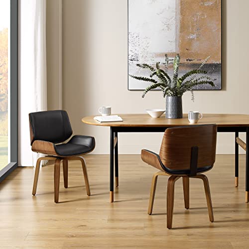 Art Leon Desk Chair No Wheels, Mid Century Modern Swivel Accent Chair with Wood Legs, Faux Leather Upholstered Bentwood Home Office Chair for Small Spaces, Walnut Bentwood, Black