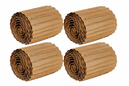 Image of Garden Mile 4 Pack 6m x 15cm Corrugated Rust Effect Garden Edging – Galvanised Steel Landscape Border Rolls – Heavy Duty Flexible Lawn & Flower Bed Divider