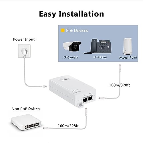 10Gbps PoE++ Injector 60W IEEE802.3bt/at/af Compliant, Supplies PoE(15.4W) or PoE+(30W) or PoE++(60W) Power Over Ethernet Distances Up To 328ft, PoE Injector Adapter for Camera/Access Point, EN60GB-10 - Thumbnail 3