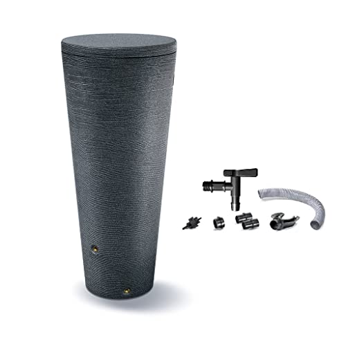 Kreher XXL Regentonne Tubo 320 Liter Volumen in Einer strukturierten Optik in Dunkelgrau! Tolle Optik durch Granitkörnung aus Kunststoff. Maße (ØxH): 67 x 150,5 cm. Mit Füllautomat und Wasserhahn.