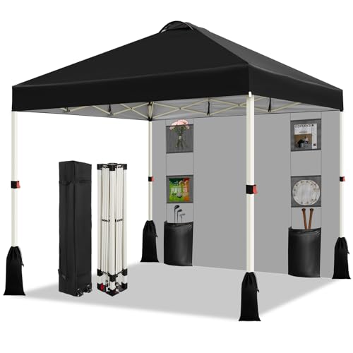 WEIZE 10x10 Pop Up Canopy Tent, 1-Button Push Setup Canopy Tent with 1 Sidewall, Adjustable Height Instant Portable Shelter,Portable Roller Bag, Easy Outdoor Sun Shade for Events,4 Weight Bags,Black