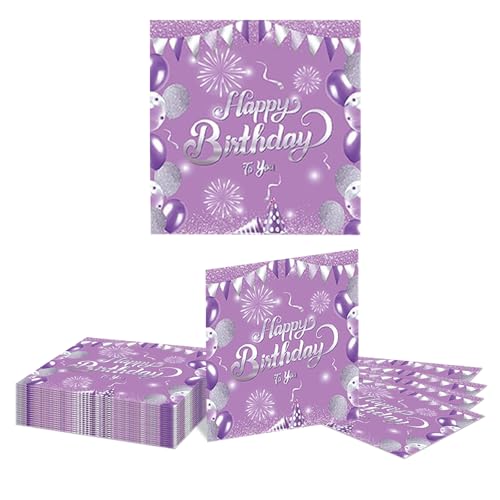 GlamRays 20 Stück Happy Birthday Servietten Lila und Silber Thema...