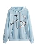 WDIRARA Women's Cartoon Letter Graphic Drawstring Hoodie Long Sleeve Pocket Sweatshirts Light Blue XL