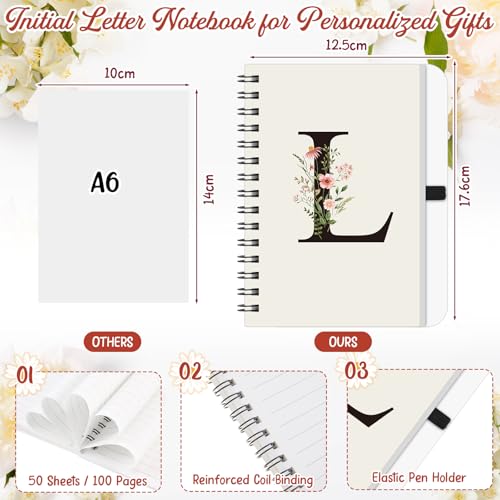 BBTO Personalisiertes Notizbuch mit Initiale L, Florales B6 Spiralnotizbuch mit Bambus Stift Set Tagebuch Geschenk für Freundin Kollegin Mädchen Frauen Weihnachten Geburtstag Valentinstag Abschluss