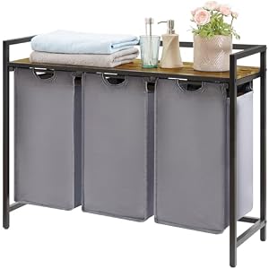 Lifewit Wäschesammler mit 3 Fächern, 120 l (3 × 40 l), mit Ablage und herausziehbaren Säcken, Grau, 95,5 × 33,5 × 72 cm