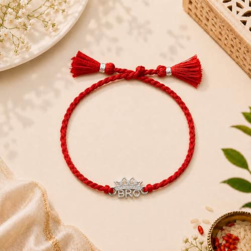 Image of AIRA 925 Sterling Silver Premium Designer Bracelet Rakhi for Brother | Handmade Raksha Bandhan Sacred Thread with Silver-Tone Geometric Charm & Adjustable Red Braided Cord | Traditional Festival Rakhi Gift