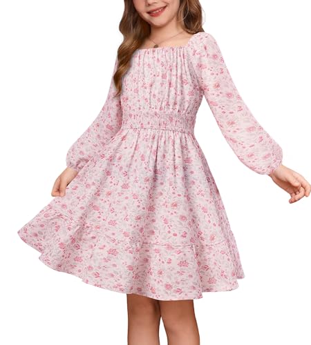 GRACE KARIN Girls Fall Dress Floral Long Sleeve Midi with Smocked Waist for Holiday Party 6-14Y