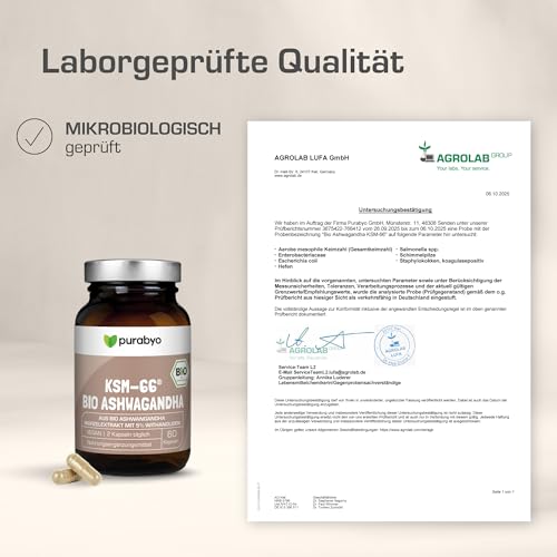 Bio Ashwagandha Kapseln von Purabyo KSM-66 Extrakt aus kontrolliert biologischem Anbau