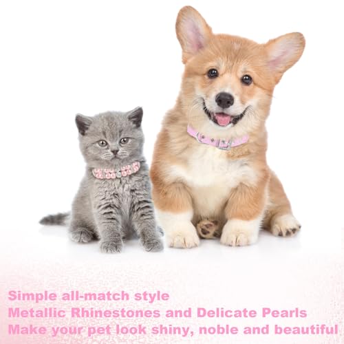 Image of HOWWFALY Dog Cat Pearl Collars with Crystal Rhinestone PU Leather Collars Necklace Adjustable CollarDog Chain Cat White Pearl Pet Collar(Pink, Small)