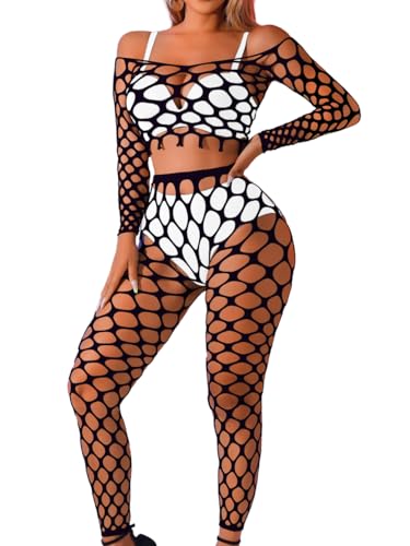 Kaei&Shi Sexy Fishnet Bodysuit Stockings,Hollow Out Rave Outfits,2 Piece Mesh Top Set,Club Outfit Exotic Dancewear