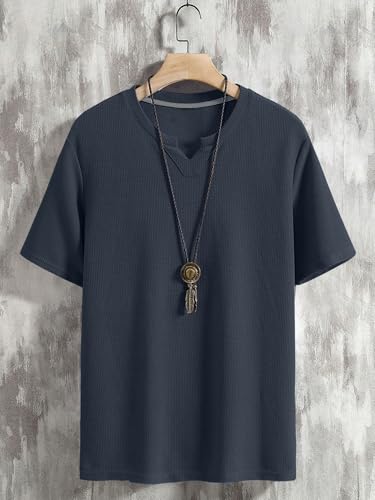 Image of TAGDO Men's Waffle Knitted V Neck|T Shirt for Man|Waffle|Cotton|Casual| Regular Fit Tees (2012)