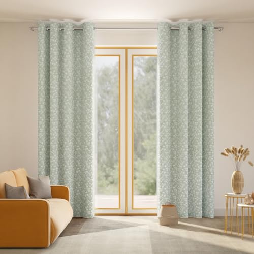 Image of haus & kinder Printed Jacquard Door Curtains 7 Feet Long Pack of 2 Door Curtains, 7 Feet Curtains for Door (Gingko Serenity, Seledon Nature 130x152 CM)