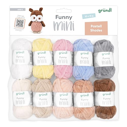 Gründl Laine Funny Mini Shades - laine chenille douce pour le crochet de petites figurines - 100% polyester - 10 mini pelotes 15 g/18 m - aiguilles n° 5-6 -...