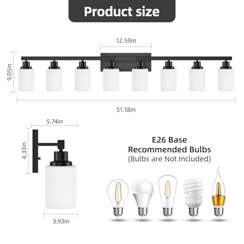 Image of 8-Light Bathroom Light Fixtures Over Mirror Black Vanity Light 52in | White Frosted Ribbed Glass Shade Modern Matte Black Vanity Lights Bathroom Wall Lamp Sconces for Mirror E26 Base