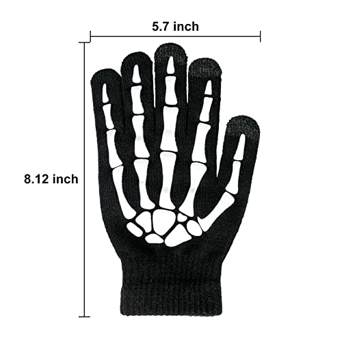 Lousye Luminous Halloween Costume Skull Gloves,Thickened Skeleton Gloves With Touch Screen,Stretch Knit Winter Warm Novelty Gloves #TOP1
