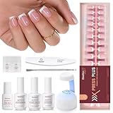 Beetles X Press Plus Gel Nails Kit - Pearl French | Pink Short Square French Tip Press On Nails | 150Pcs 15 Sizes All-in-One Kit With Nail Glue,Remover,Builder Top Coat,Nail Lamp Gift For Women
