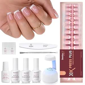 Beetles French Tip Press On Nail Kit - Short Square, 150 Pcs with Nail Glue, Remover, Top Coat, Nail Lamp