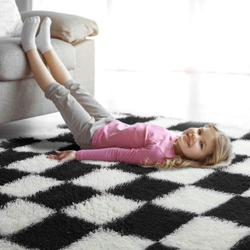 Image of KICMOR Fluffy Soft Runner Rug for Bedroom Living Room, 2x6 Black and White Checkered Rugs Fuzzy Plush Shaggy Bedside Carpet, Non Slip Long Rug for Kids Girls Boys Room Nursery Home Decor Aesthetic