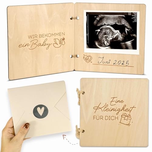 Annuncio di Gravidanza con Legno, Cornice Fotografica in Legno Naturale con Messaggio, Libretto per Annuncio Bebè Regalo con Messaggio, Regalo per Futuri Nonni, Zia o Zio (Amore in Pancia)