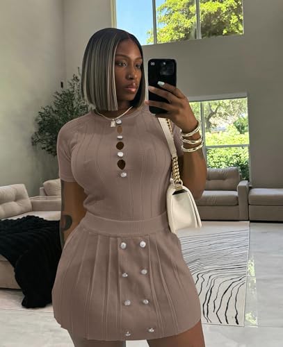 Image of Two Piece Outfits for Women Summer Going Out Knit Crop Tops Pleated Mini Skirt Sets Short Sleeve Mini Dress