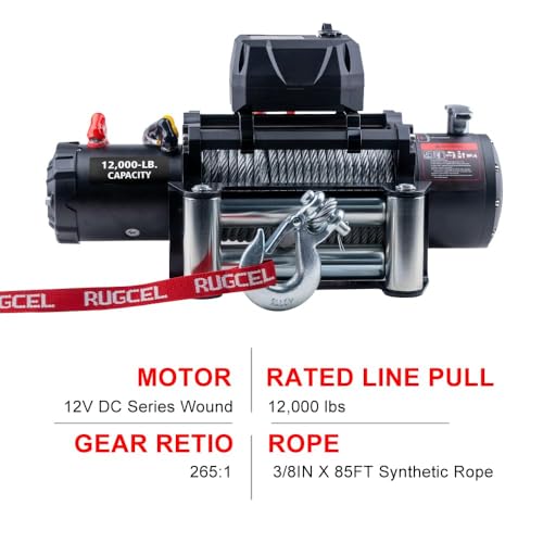 RUGCEL Winch 12000lb 12V con cable de acero negro miniatura 3