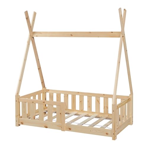 Miniatura 3 de En.Casa Cama Para Niños Helsingborg Pequeños Estructura Tipi Indio Cama Montessori Con Somier Cama Infantil Con Reja De Seguridad Carga Máx. 80 Kg Madera Pino 70 X 140 Cm - Natural