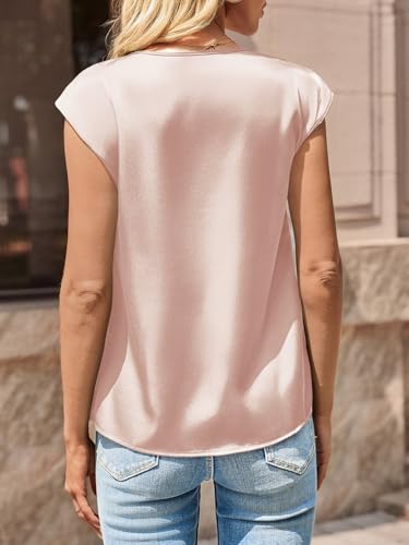 Fisoew Womens Silk Satin Tops Summer Short Sleeve Blouse V Neck Shirts Loose Business Dressy Casual Office Work Outfits Apricot — view 4
