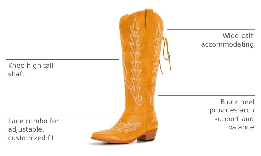 Image of Uillnoodu Wide Calf Cowboy Boots Women Knee High Tall Western Cowgirl Boots Adjustable Lace Up Plus Size Comfortable 2-Inch Heel