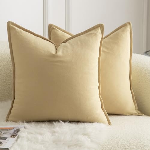 MANDIOO Pack of 2 Neutral Cotton Throw Pillow Covers Solid Decorative Couch Pillow Covers Boho Farmhouse Cushion Covers Home Decor for Sofa Living Room Bed Bedroom 18 x 18 Inch Khaki