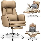 Warmiehomy Big and Tall Office Chair for Home, Computer Chairs PU Leather, Flip Armrests for Pets and Cross Legged Office Chair Ergonomic, Comfy Gaming Desk Chair with Foot Rest Lumbar Support, Khaki