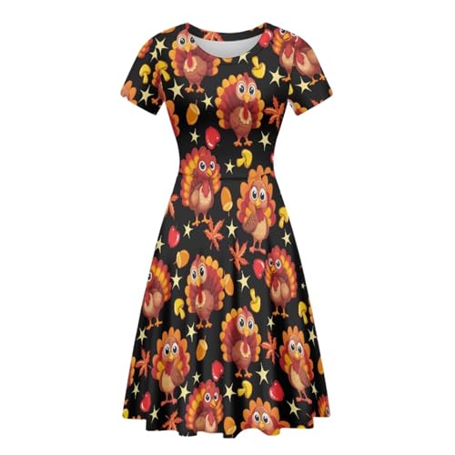 Image of Forchrinse Women's Thanksgiving Dress for Women Turkey Print Short Sleeve Crew Neck Dress Fall Midi Dress Casual Sundress Holiday Party Clothing