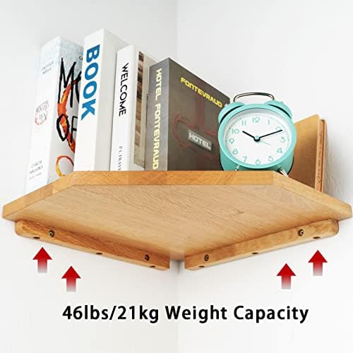Corner Shelf Wall Mount Solid Oak Wood Floating Corner Shelf Diamond Shape Organizer for TV Accessories, Speaker, Cable Box, Small Plant Photo Frame, Storage for Kitchen Living Room Bedroom