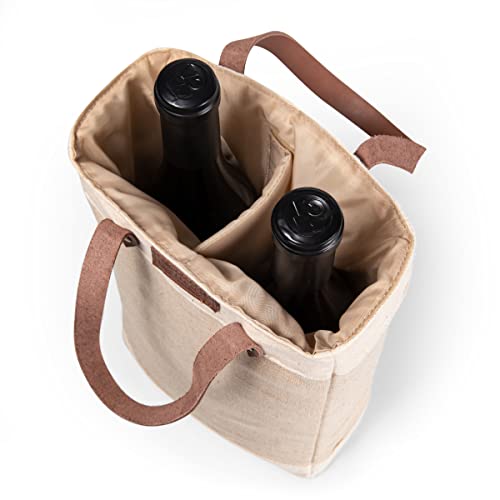 PICNIC TIME Sacola de vinho isolada com 2 garrafas de juta Pinot e bolsa de presente, bege