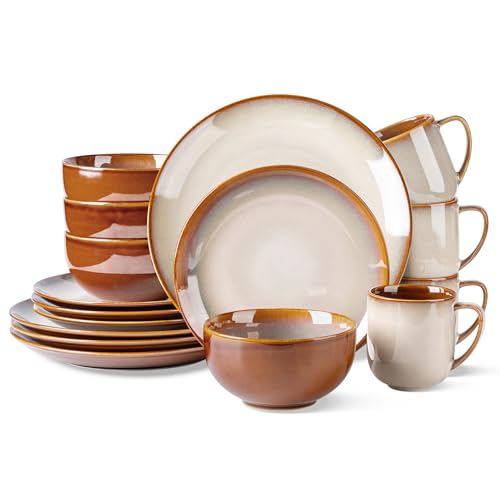 Image of LERATIO Ceramic Dinnerware Sets for 4,16-Piece Reactive Glaze Plates and Bowls Set with Mugs,Highly Chip and Crack Resistant | Dishwasher,Microwave & Oven Safe Dishes set-Kahki