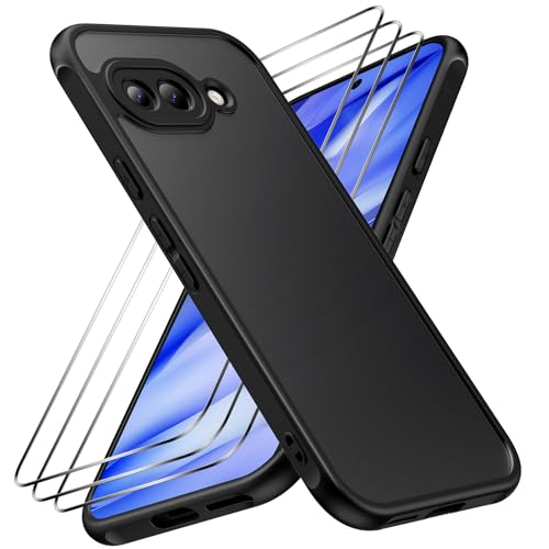 caslord Hülle für Google Pixel 9A mit 3 Stück Panzer Schutz Glas, [Kameraschutz] [Stoßfest] Handyhülle, Matt Durchscheinende Rückseite Anti-Fingerabdruck Schutzhülle Hülle, Schwarz