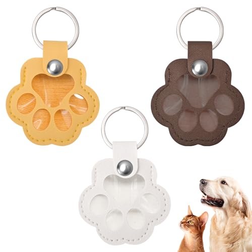 HZHSGLY Lot de 3 porte-clés mignons en cuir en forme de patte d'animal de compagnie, cadeaux commémoratifs uniques et portables pour animaux de compagnie, Marron foncé + blanc + jaune, taille unique
