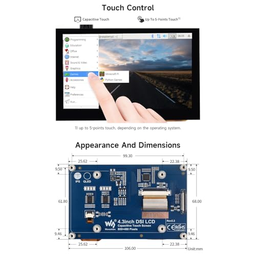 Image of waveshare 4.3inch Capacitive Touch Display Compatible with Raspberry Pi 5 /4B /3B+ /3A+ /3B /2B /B+ /A+ /CM3 /3+ /4 800x480 Resolution IPS Wide Angle MIPI DSI Interface