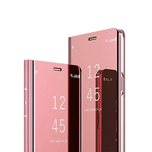 LEECOCO for Samsung S10 Plus Case Slim Luxury Clear View Electroplate Plating Mirror Makeup [Kickstand] Full Body Protective Cover Flip Case Cover for Samsung Galaxy S10 Plus Mirror PU Rose Gold