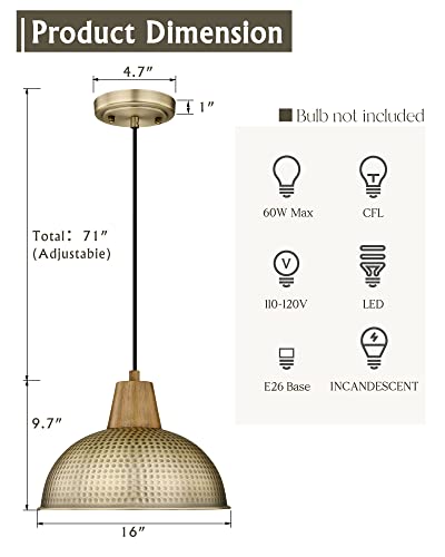 Femila Large Pendant Light Fixtures, 16 Inch Antique Brass Pendant Lighting For Kitchen Island, Hammered Metal Industrial Hanging Lamp, 4Fg58Mil-L Bg #TOP1