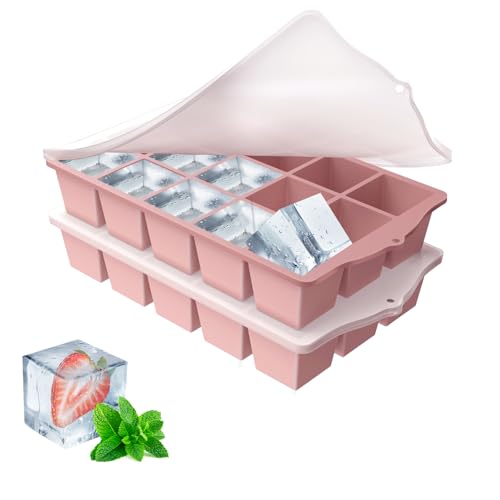 YUNISS Cubiteras para Hielo Grande con Tapa, 2 Piezas Cubitera Hielo Silicona Libre de BPA, Molde para Cubitos Apilables y Que Ahorran Espacio, Ice Cube Tray para Cócteles, Whisky, Vino -Rosa