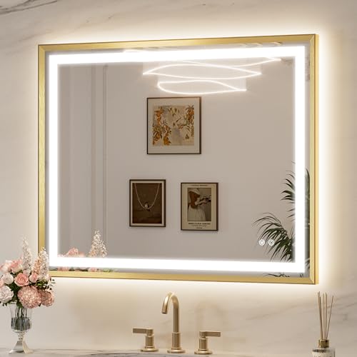 Keonjinn 40x32 Inch Gold LED Bathroom Mirror with Lights, Beveled Edge
