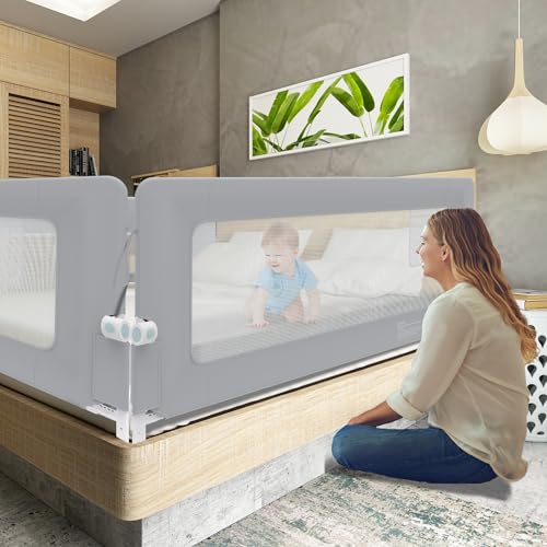 Miniatura 9 de Uisebrt Barrera De Cama De 150 Cm, Plegable, Protección Contra Caídas, Altura Ajustable Para Cuna, Rejilla Transpirable Para Cuna Con Bolsa De Almacenamiento, Gris